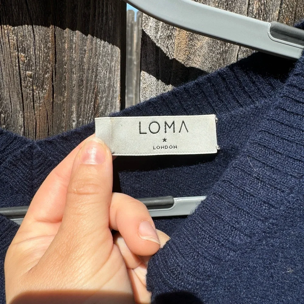 Loma London Navy Blue 100% Cashmere V Neck Long Sleeve Sweater Size Small